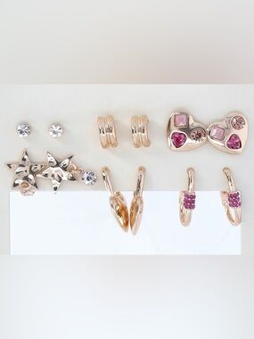 NWT - Gold Earring Set with Pink & Clear Stones, 6 Pairs.